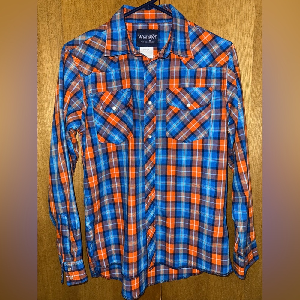 Wrangler Kids Youth Western Plaid Pearl Snap Shirt XL (14-16) Orange Blue - Picture 9 of 9